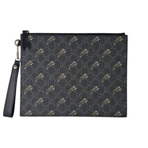 GUCCI Supreme Portfolio Grey Tiger GG Monogram Canvas Leather Wristlet Bag
